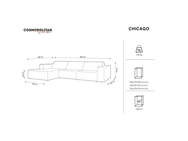 Chicago hoekbank met chaise longue links - velvet - crème cosmopolitan design - afbeelding 5 van  6