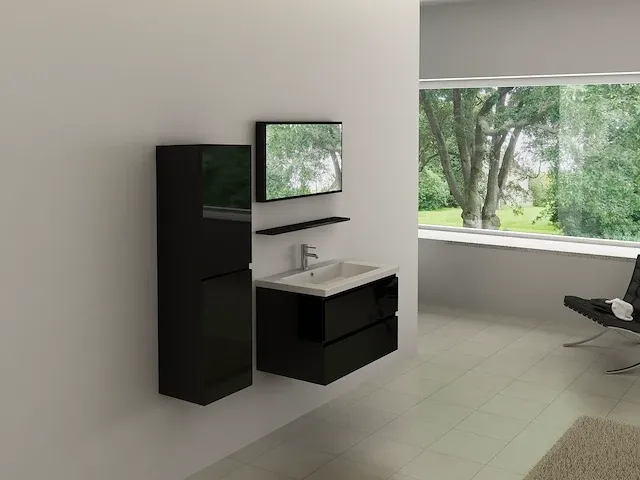 Compleet 1-persoons badkamermeubel 60 cm hoogglans zwart - incl. kraan - afbeelding 1 van  4