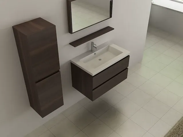Compleet 1-persoons badkamermeubel 80 cm - donker hout - incl. kranen - afbeelding 3 van  8