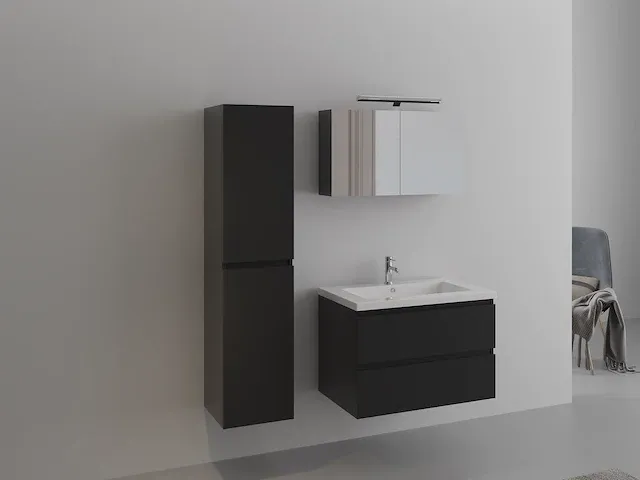 Compleet 1-persoons badkamermeubel 80 cm hoogglans zwart - incl. kraan - afbeelding 1 van  3