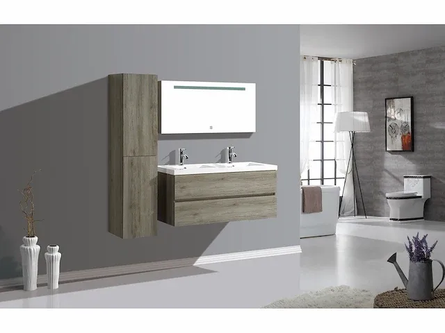 Compleet 2-persoons badkamermeubel 120 cm donker hout decor - incl. kranen - afbeelding 1 van  4