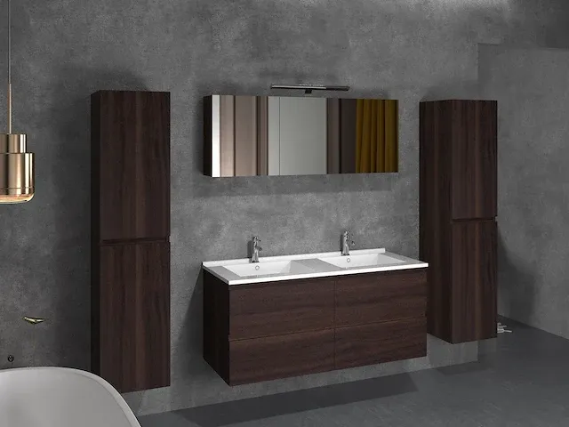 Compleet 2-persoons badkamermeubel 120 cm donker hout decor - incl. kranen - afbeelding 1 van  6