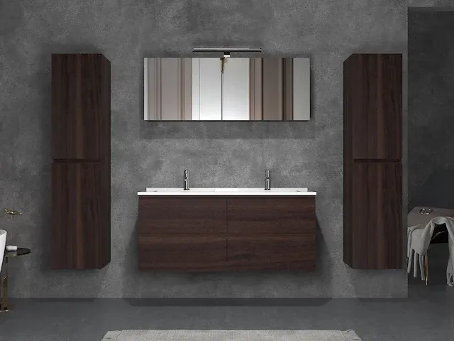 Compleet 2-persoons badkamermeubel 120 cm donker hout decor - incl. kranen - afbeelding 2 van  6