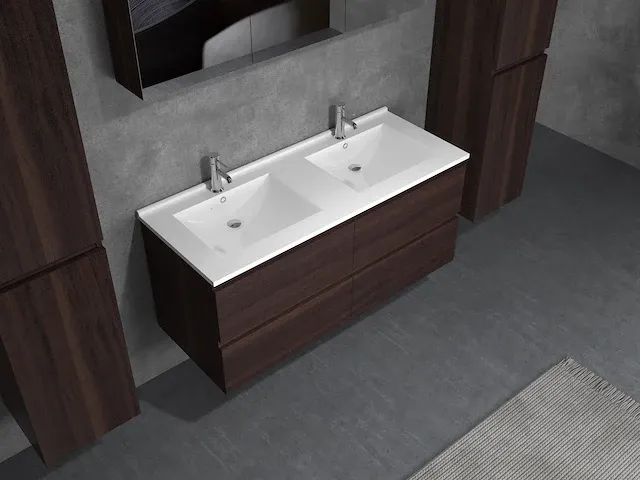 Compleet 2-persoons badkamermeubel 120 cm donker hout decor - incl. kranen - afbeelding 3 van  6