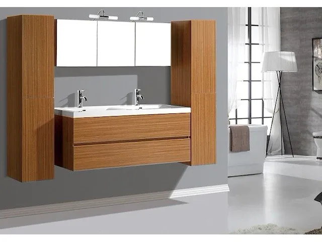 Compleet 2-persoons badkamermeubel 120 cm natural hout decor - incl. kranen - afbeelding 44 van  46
