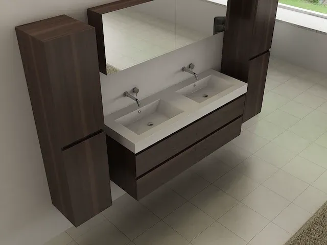 Compleet 2-persoons badkamermeubel 140 cm donker hout decor - incl. kranen - afbeelding 2 van  8