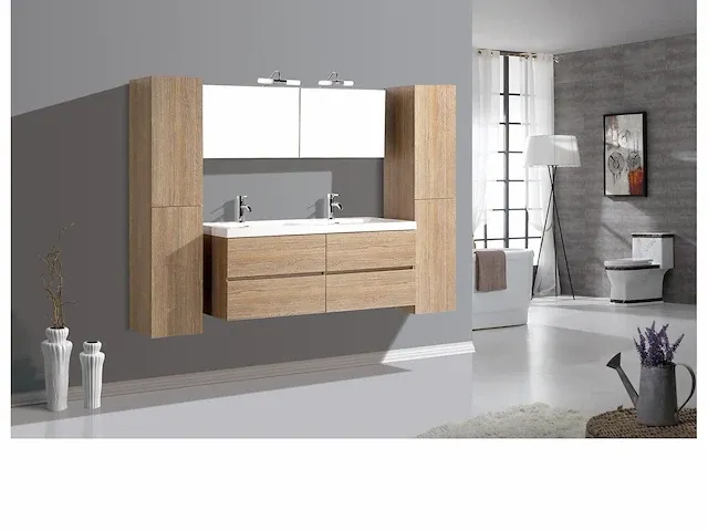 Compleet 2-persoons badkamermeubel 145 cm licht hout decor - incl. kranen - afbeelding 1 van  4