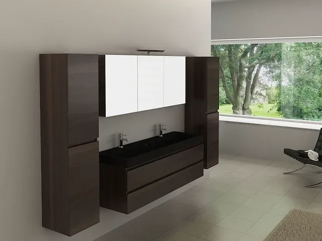 Compleet 2-persoons badkamermeubel 150 cm donker hout decor - incl. kranen - afbeelding 1 van  10