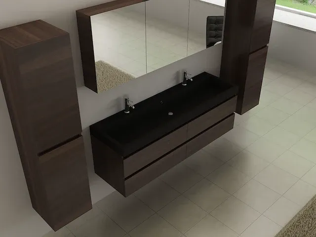 Compleet 2-persoons badkamermeubel 150 cm donker hout decor - incl. kranen - afbeelding 9 van  10