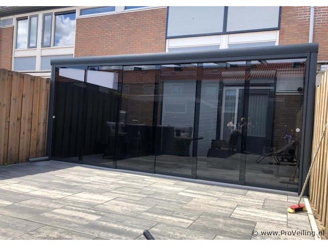 Compleet glazen schuifdeursysteem 5 deurs, veiligheidsglas 10 mm, 5030 mm breed, 5 stuks deuren 1030 mm 2000 mm hoog, mat zwart ral 9005 - afbeelding 13 van  14