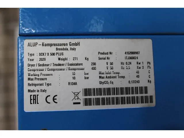 Compressor alup type sck 7 x 500 plus. bouwjaar 2020. maximaal 10 bar. afgelezen urenstand 545. - afbeelding 5 van  5