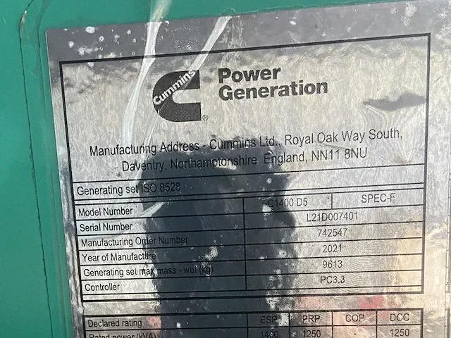 Cummins c1400d5 - 1400 kva - open generator - afbeelding 9 van  14