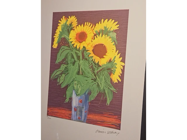 David hockney - 'sunflowers'- lithograaf - in nieuwe lijst - afbeelding 1 van  7