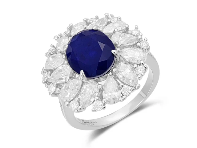 Design ring met briljanten, peer vorm briljanten en een grote saffier blauwe ovaal - afbeelding 1 van  10