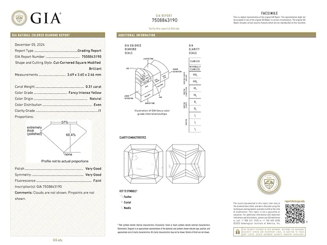 Diamant - 0.31 carat fancy geel vierkant briljant geslepen diamant met een gia certificaat (gecertificeerd) - afbeelding 3 van  5