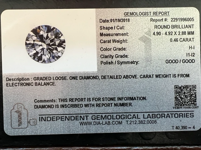 Diamant - 0.46 carat briljant geslepen natuurlijke diamant (gecertificeerd) - afbeelding 3 van  5