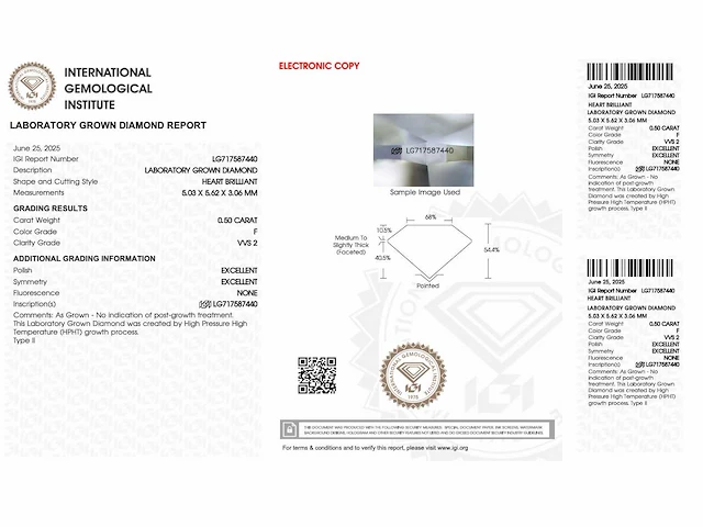 Diamant - 0.50 carat hart vorm geslepen diamant (gecertificeerd) - afbeelding 3 van  3