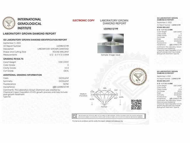 Diamant - 0.50 karaat briljant diamant (gecertificeerd) - afbeelding 3 van  4