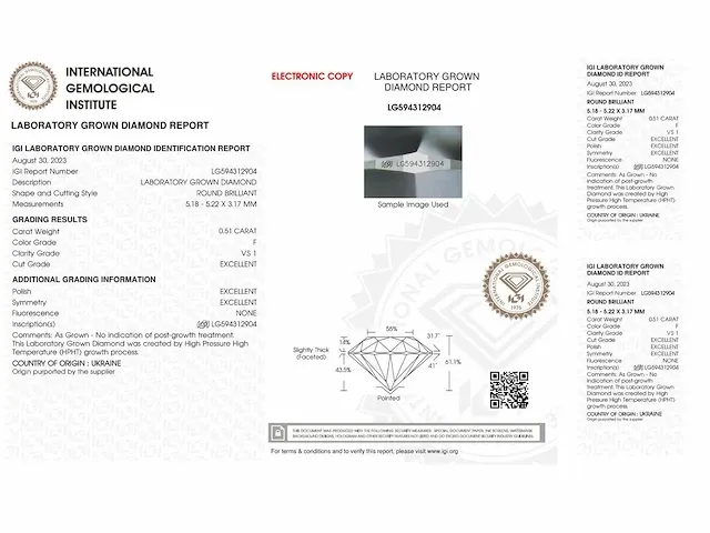 Diamant - 0.51 karaat briljant diamant (gecertificeerd) - afbeelding 4 van  4