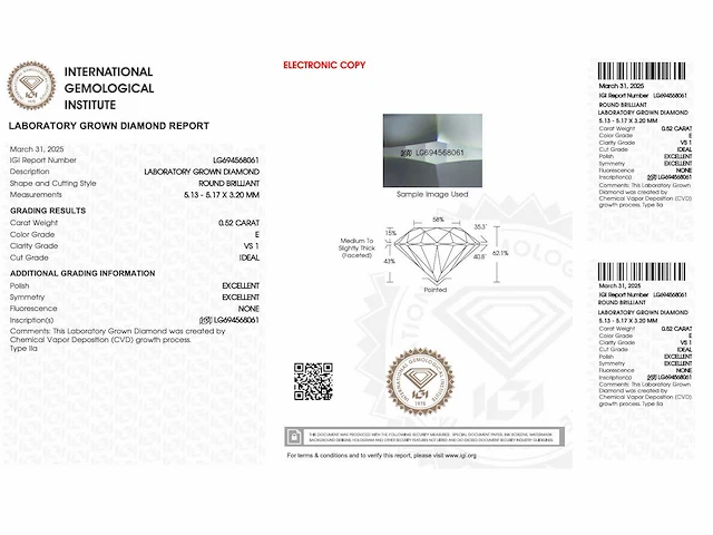 Diamant - 0.52 carat briljant geslepen diamant (gecertificeerd) - afbeelding 3 van  3