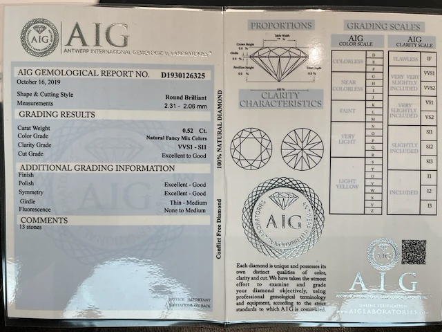 Diamant - 0.52 carat briljant geslepen diamant (gecertificeerd) - afbeelding 3 van  3