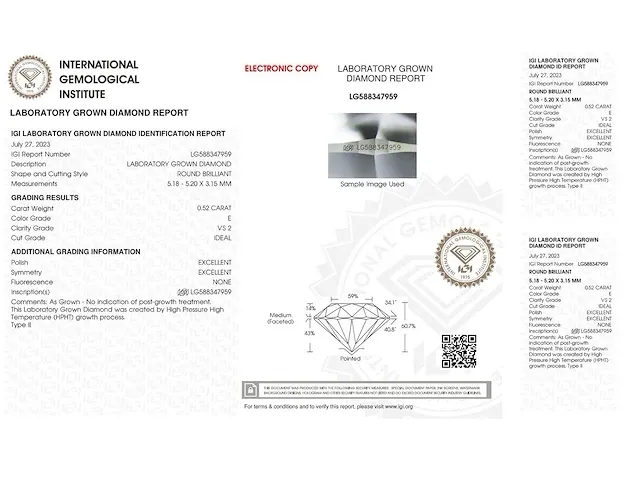 Diamant - 0.52 karaat briljant diamant (gecertificeerd) - afbeelding 2 van  2