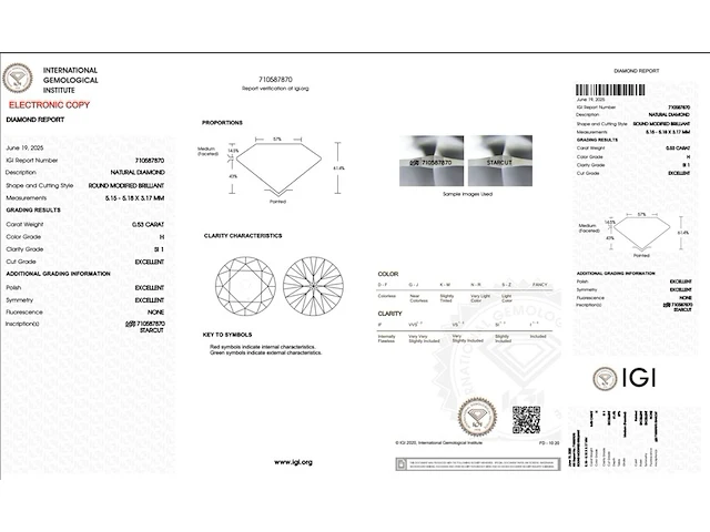 Diamant - 0.53 carat echte natuurlijke starcut briljant geslepen diamant (gecertificeerd) - afbeelding 3 van  5