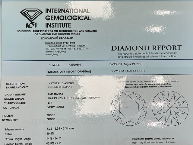 Diamant - 0.60 carat natuurlijk bruine diamant (gecertificeerd) - afbeelding 2 van  4