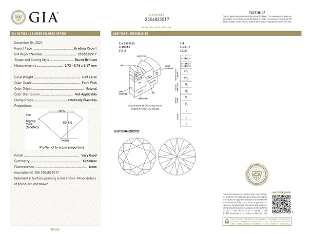Diamant - 0.69 carat roze briljant geslepen diamant met een gia certificaat (gecertificeerd) - afbeelding 3 van  3