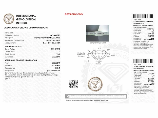Diamant - 0.71 carat briljant geslepen diamant (gecertificeerd) - afbeelding 3 van  3