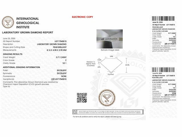 Diamant - 0.71 carat pear vorm geslepen diamant (gecertificeerd) - afbeelding 3 van  3