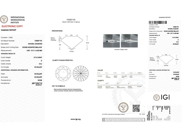 Diamant - 0.76 carat natuurlijke starcut briljant geslepen diamant (gecertificeerd) - afbeelding 3 van  3
