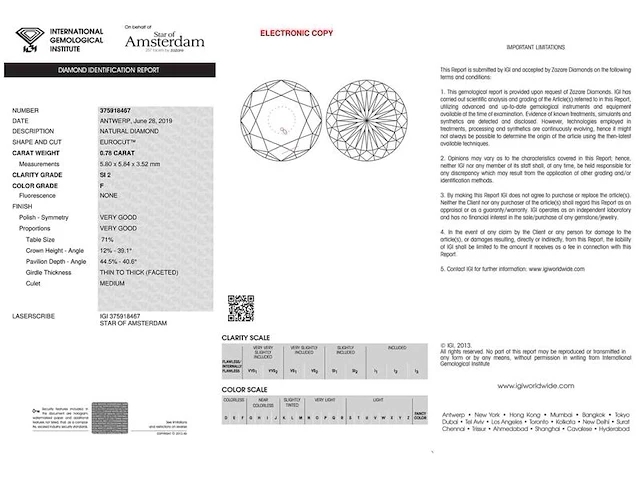 Diamant - 0.78 carat natuurlijke "star of amsterdam" diamant (gecertificeerd) - afbeelding 3 van  5