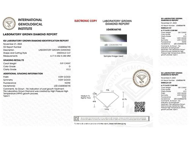 Diamant - 0.81 karaat emerald geslepen diamant (gecertificeerd) - afbeelding 3 van  3