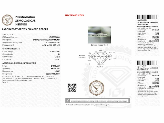 Diamant - 0.90 carat briljant geslepen diamant (gecertificeerd) - afbeelding 3 van  3