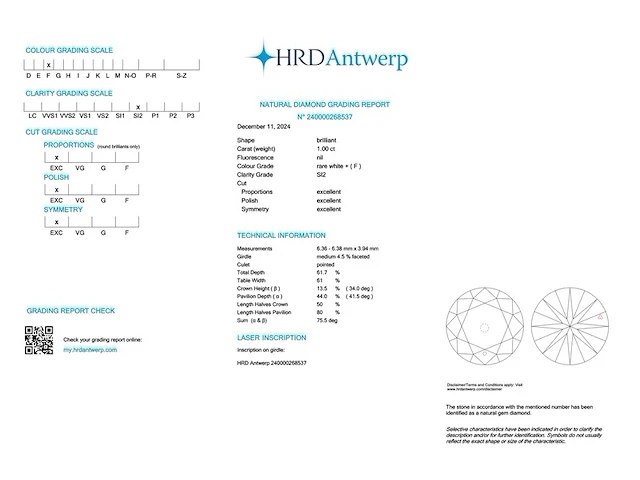 Diamant - 1.00 carat briljant geslepen diamant met een hrd certificaat (gecertificeerd) - afbeelding 3 van  3