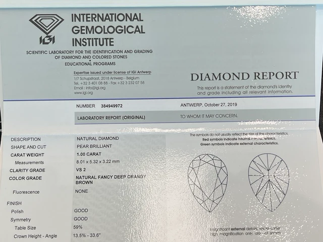 Diamant - 1.00 carat natuurlijk bruine diamant (gecertificeerd) - afbeelding 4 van  4