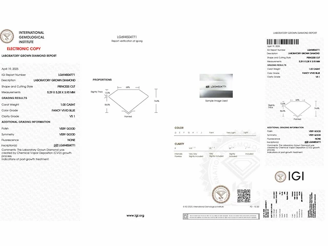 Diamant - 1.00 carat prinses geslepen diamant (gecertificeerd) - afbeelding 3 van  3