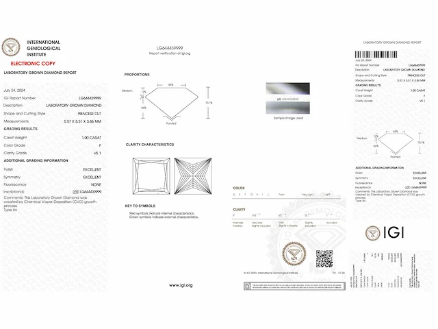 Diamant - 1.00 carat prinses geslepen diamant (gecertificeerd) - afbeelding 4 van  4