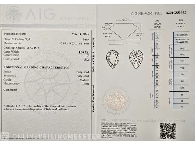 Diamant - 1.00 karaat echte diamant (gecertificeerd) - afbeelding 5 van  6