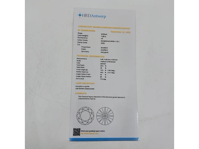 Diamant - 1.00ct ( hrd gecertificeerd ) - afbeelding 4 van  6