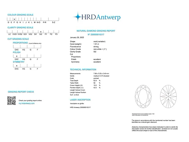 Diamant - 1.01 carat ovaal geslepen diamant met een hrd certificaat (gecertificeerd) - afbeelding 3 van  5