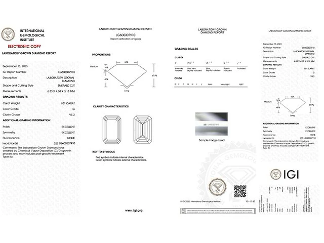 Diamant - 1.01 karaat emerald geslepen diamant ( igi gecertificeerd ), lab grown - afbeelding 4 van  7