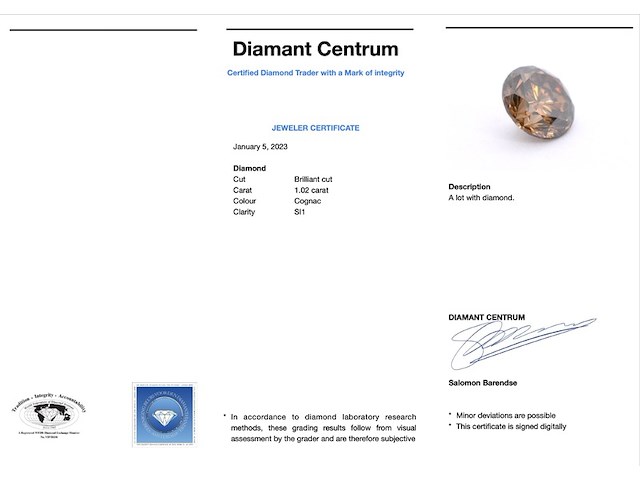 Diamant - 1.02 carat natuurlijke cognac gekleurde diamant (gecertificeerd) - afbeelding 3 van  3