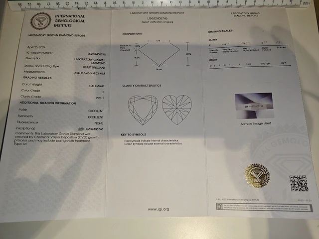 Diamant - 1.02 karaat hart briljant geslepen diamant (igi gecertificeerd) - afbeelding 4 van  5