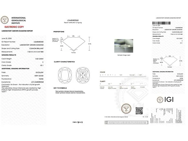 Diamant - 1.02 karaat kussenvorm geslepen diamant (gecertificeerd) - afbeelding 3 van  5