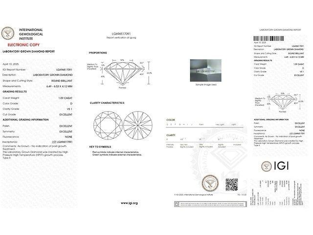 Diamant - 1.09 carat round brilliant ( igi gecertificeerd ) - afbeelding 3 van  3