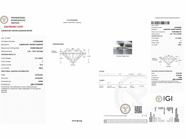 Diamant - 1.51 carat briljant geslepen diamant (gecertificeerd) - afbeelding 3 van  3