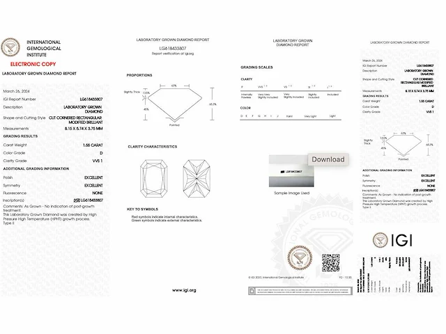 Diamant - 1.55 carat radiant geslepen diamant (gecertificeerd) - afbeelding 3 van  3