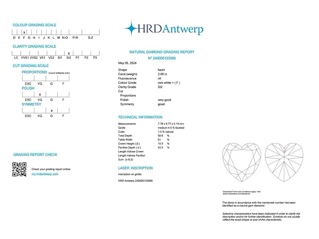 Diamant - 2.00 carat hart geslepen diamant met een hrd certificaat (gecertificeerd - afbeelding 3 van  5